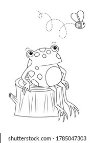 A frog sitting on stump looking at a fly vector illustration cartoon isolated on white background. A funny frog and a bug vector cartoon. Frog looking at flying insect colorless for coloring page. 