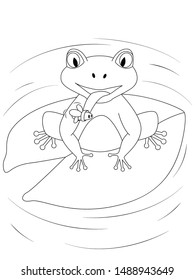 Frog sitting on a water lily and caught a fly with her long tongue. Coloring book pages set. Cartoon vector illustration, eps 10