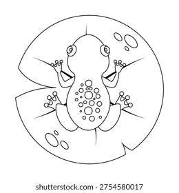 Frog sitting on a water lily leaf in top view outline ideal for coloring pages