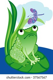 The frog sitting on water-lily sheet which with interest looks at a dragonfly