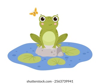 Frog sitting in pond. Cartoon amphibia on rock, green toad in natural habitat, cute froggy water animal flat vector illustration. Green frog character