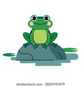 Frog sitting in pond cartoon green toad on rock in natural habitat cute water animal flat vector illustration