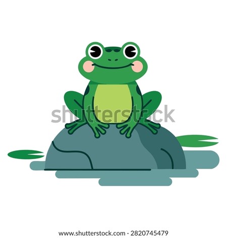 Frog sitting in pond cartoon green toad on rock in natural habitat cute water animal flat vector illustration