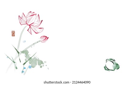 Frog sitting under lotus flowers on white background. Traditional oriental ink painting sumi-e, u-sin, go-hua. 