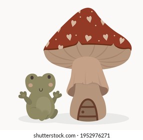a frog sitting under poisonous red mushroom  For logos  icons  decor   postcards 
