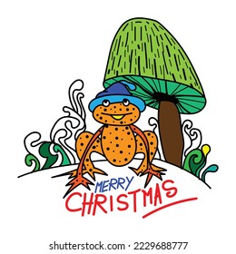 A frog sitting under umbrella resting. Vector design concept
