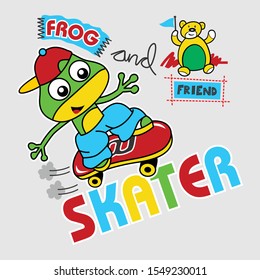 the frog is skating with his friend, cartoon vector illustartion
