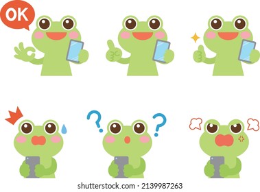 Juego de ilustraciones de rana y smartphone