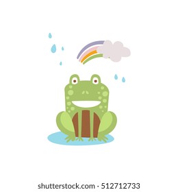 Frog SmilingSittin Under Rain And Rinbow In Autumn Animal Character Illustration In Funky Decorative Style