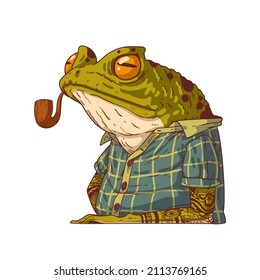 A frog smoking a pipe, vector illustration. Humanized frog. A portrait of an anthropomorphic frog, wearing a plaid shirt, and smoking a pipe with a calm face. An animal character with a human body