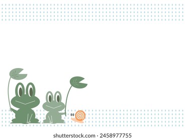 A frog and a snail holding a leaf umbrella. Vector illustration. Rain pattern frame design. Rainy season image.
