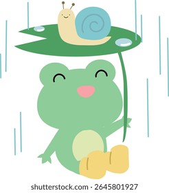 Frog and snail holding a leaf umbrella, rainy season, vector illustration
