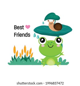 Frog and Snail sitting under leaf.  Best friends forever.