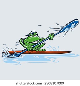 Frog with a snapback hat rowing on a surfboard. Frog mascot of a boating team. Sport illustration concept.