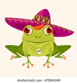 Frog in a sombrero. Mexican style. Vector illustration. 