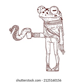 A frog with a spoiled latte, quirky outline illustration. Sketch-drawn anthropomorphic frog holding a cup of coffee with a huge tentacle climbing out of it. Hipster animal character with a human body.