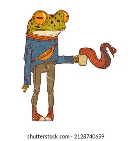 A frog with a spoiled latte, quirky vector illustration. Sketch-drawn anthropomorphic frog holding a cup of coffee with a huge tentacle climbing out of it. Hipster animal character with a human body.