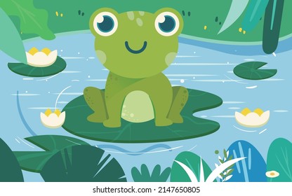 Frog standing on a lotus leaf to cool off, river and plants in the background, vector illustration