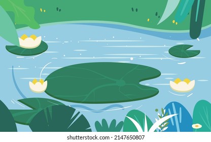 Frog standing on a lotus leaf to cool off, river and plants in the background, vector illustration