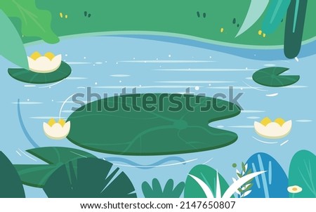 Frog standing on a lotus leaf to cool off, river and plants in the background, vector illustration