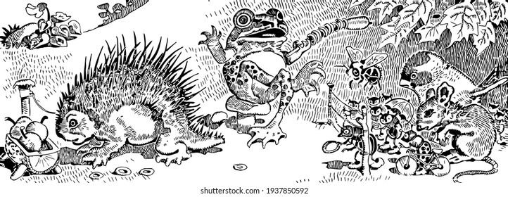 Frog Storyteller, this scene shows a frog sitting on mushroom and telling story to smaller animals, and a porcupine animal looking at some fruit, vintage line drawing or engraving illustration