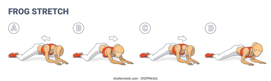 Frog Stretch Exercise for Female Home Workout Guidance. Colorful Illustration a Young Woman Weared Sportswear Leggings, Sneakers Do the Relaxation Stretching Routine for Strengthen the Back Muscles.