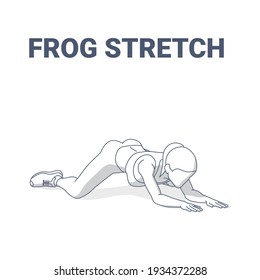 Frog Stretch Exercise for Women Home Workout Guidance. Outline Illustration a Young Female Weared Sportswear Leggings, Sneakers Do the Relaxation Stretching Routine for Strengthen the Back Muscles.