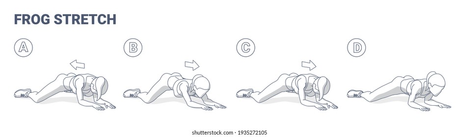 Frog Stretch Exercise for Women Home Workout Guidance. Outline Illustration a Young Female Weared Sportswear Leggings, Sneakers Do the Relaxation Stretching Routine for Strengthen the Back Muscles.