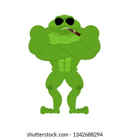 Frog Strong Cool serious. Toad smoking cigar emoji. Anuran strict. Vector illustration