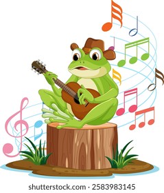 A frog strums guitar surrounded by colorful notes