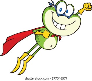 Frog Superhero Cartoon Character Flying. Vector Illustration Isolated on white