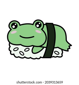 
Frog sushi cute illustration. Frog sticker. Frog roll with rice. Japanese, French cuisine.