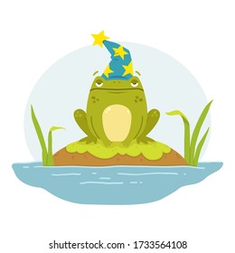 A frog in a swamp in a wizard's hat. Toad  Merlin. Cute flat hand drawn character. Illustration for fairytales book. Vector illustration isolated on white background.