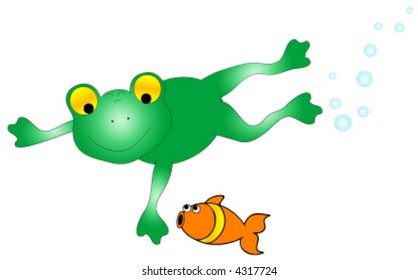 Frog swimming with a fish.