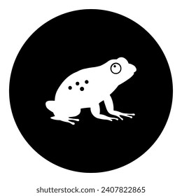 A frog symbol in the center. Isolated white symbol in black circle. Vector illustration on white background