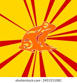 Frog symbol on a background of red flash explosion radial lines. The large orange symbol is located in the center of the sun, symbolizing the sunrise. Vector illustration on yellow background