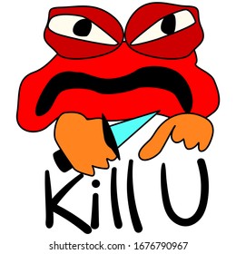 A frog threatening with a knife. An angry red toad with an angry look. Poisonous mammal, emotion of threat and danger. Colored cartoon character drawn in vector. For stickers, logo and web.