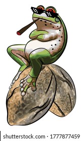 Frog Thug Life. Vector Illustration Sit On Cannabis Seeds Wear Glasses Smoke Weed And Red Eyes.