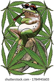 Frog thug life. Vector illustration sit on cannabis seeds wear glasses smoke weed and red eyes cannabis leaves.