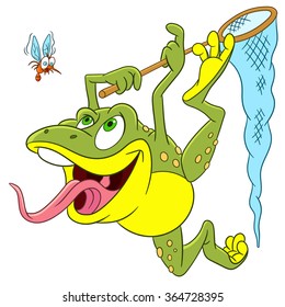 Frog. Toad. Mosquito. Cartoon character isolated on white background. Colorful design for kids activity book, coloring page, colouring picture. Vector illustration for children.