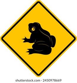 Frog, toad sign. Caution in the migration of frogs and toads. Yellow diamond shaped warning road sign. Diamond road sign. Rhombus road sign.