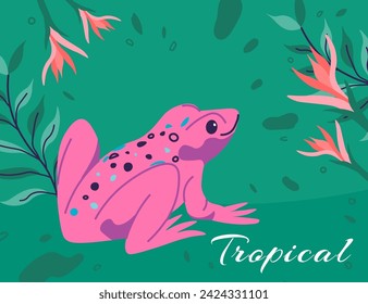 Rana o sapo con manchas en la piel, animales tropicales y reptiles. Flora y fauna forestales. Anfibio sin cola con epífitos en flor. Criatura que vive en el agua, biodiversidad exótica. Vector en estilo plano