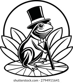 Frog in top hat and monocle sitting on lily pad