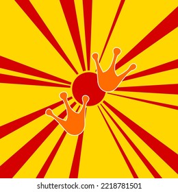 Frog tracks symbol on a background of red flash explosion radial lines. The large orange symbol is located in the center of the sun, symbolizing the sunrise. Vector illustration on yellow background