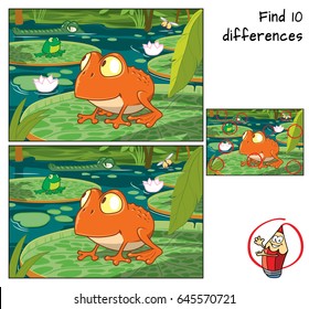 Frog in the tropical swamp. Find 10 differences. Educational game for children. Cartoon vector illustration.