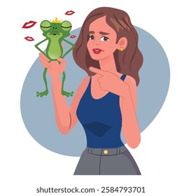 frog trying to kiss woman, frog trying to kiss princess. vector illustration.