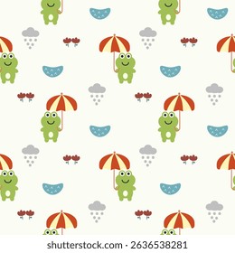 Frog and umbrella cartoon so cute. On swamp cloud rain flower background. Pattern seamless vector illustration. 