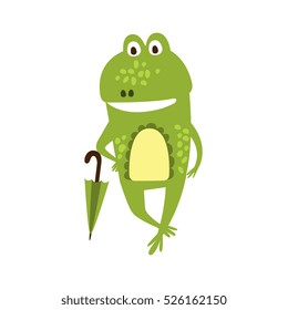 Frog With Umbrella Flat Cartoon Green Friendly Reptile Animal Character Drawing
