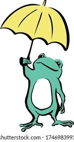 A frog with an umbrella. Hand drawn, vector