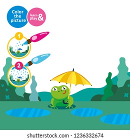 Frog with an umbrella in the rain. Draw rain. Game for small children. Develop care drawing skills. Coloring. For childrens magazines.